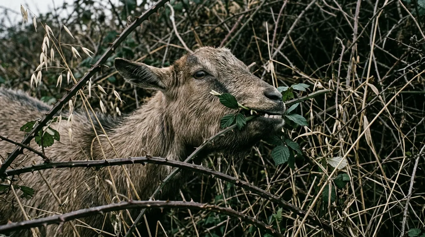 Chèvre broutant les repousses d’un roncier