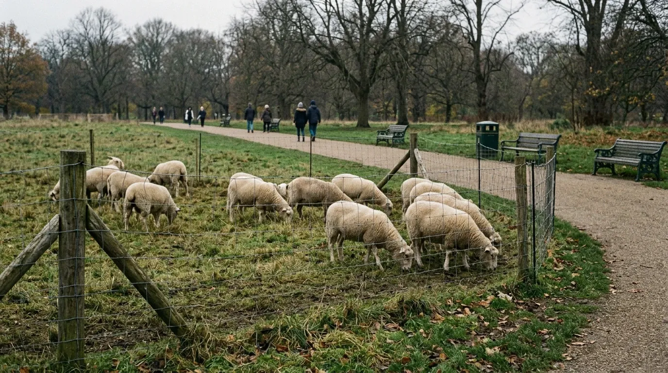 Enclos de pâturage dans un parc de ville, clôturé et signalé