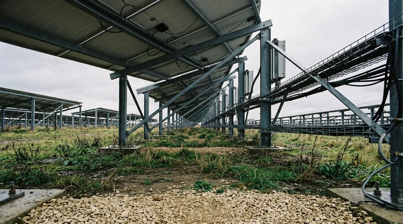 Rangées de panneaux solaires au-dessus d’une végétation pâturée