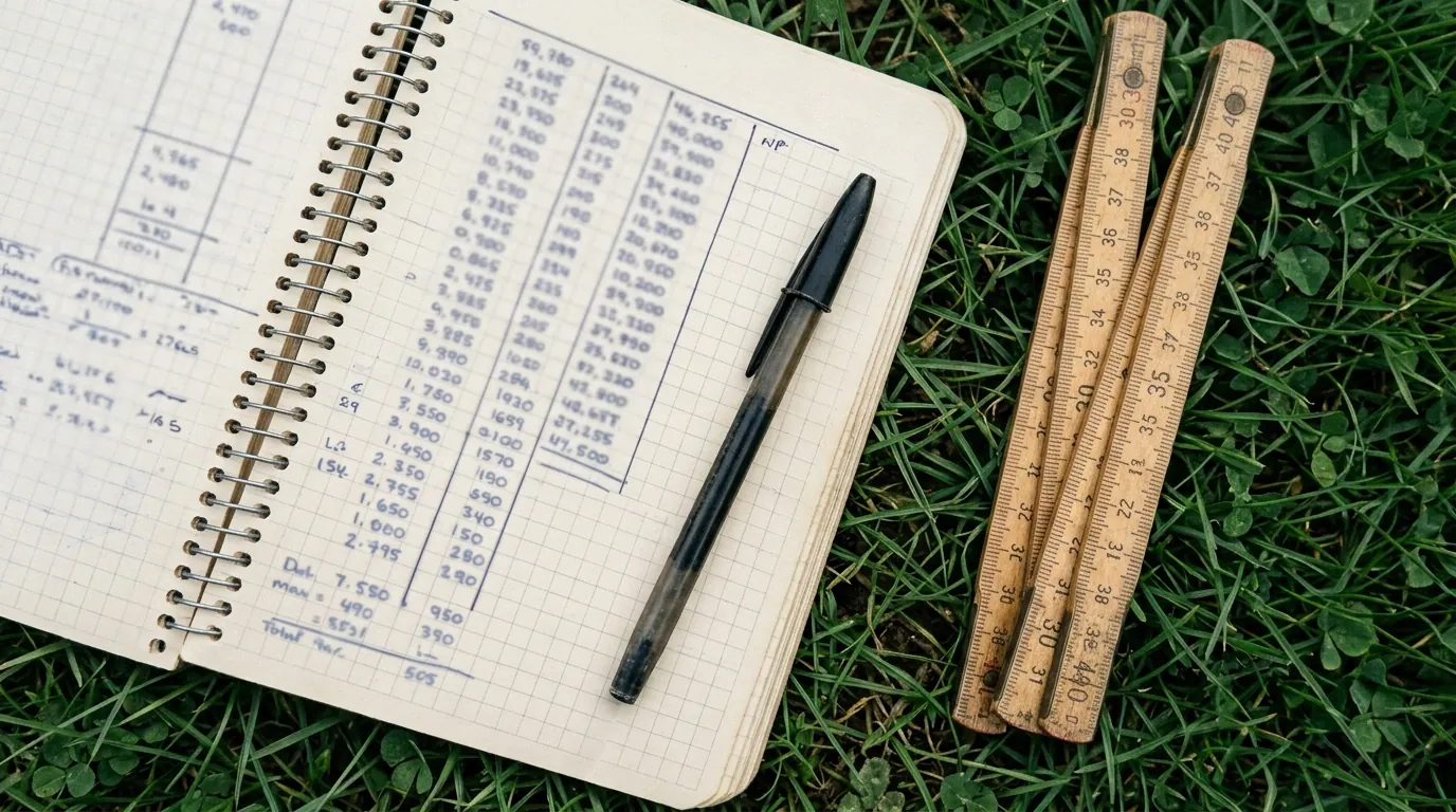 Relevé de parcelle en cours, mètre et carnet posés sur l’herbe