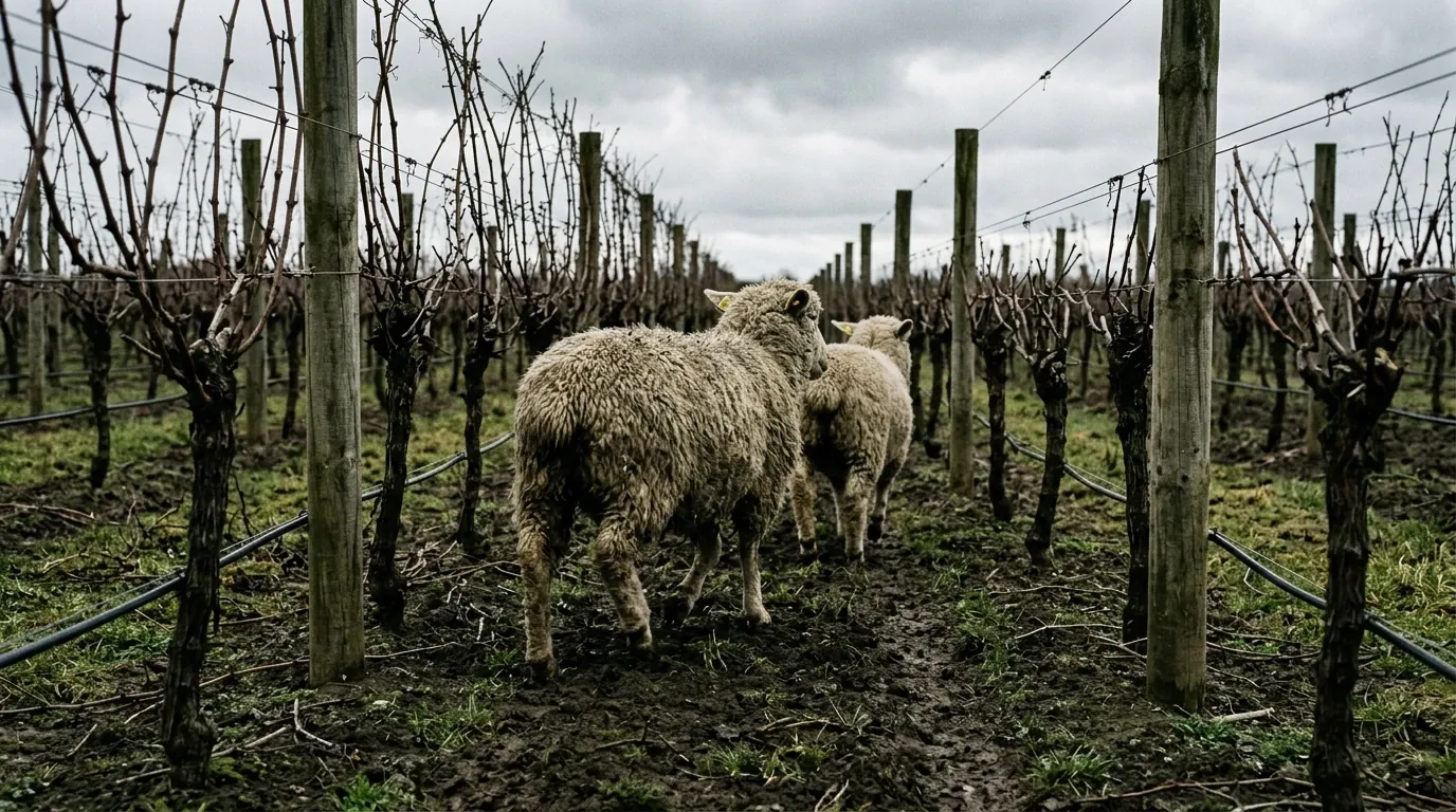 Passage d’un lot de brebis dans un rang de vigne