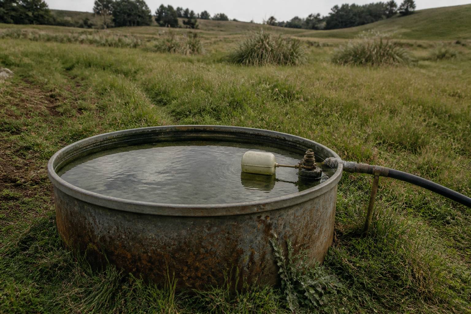 Abreuvoir avec flotteur et eau claire posé dans un pré