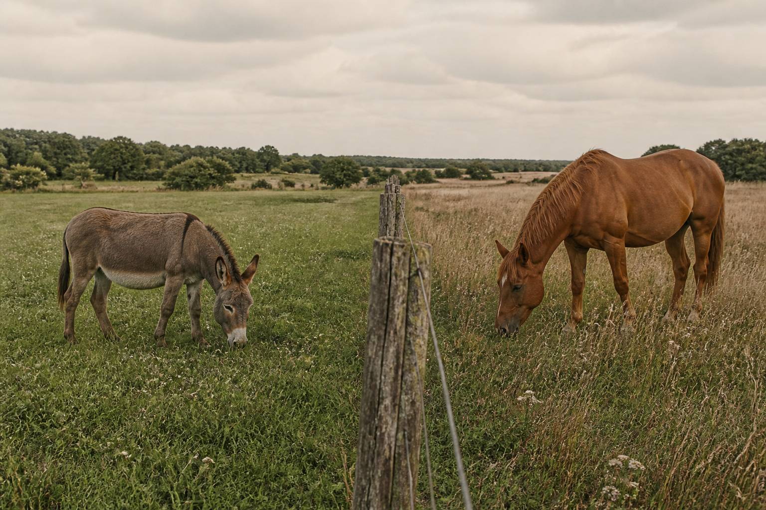 Âne et cheval dans des parcelles séparées par une clôture