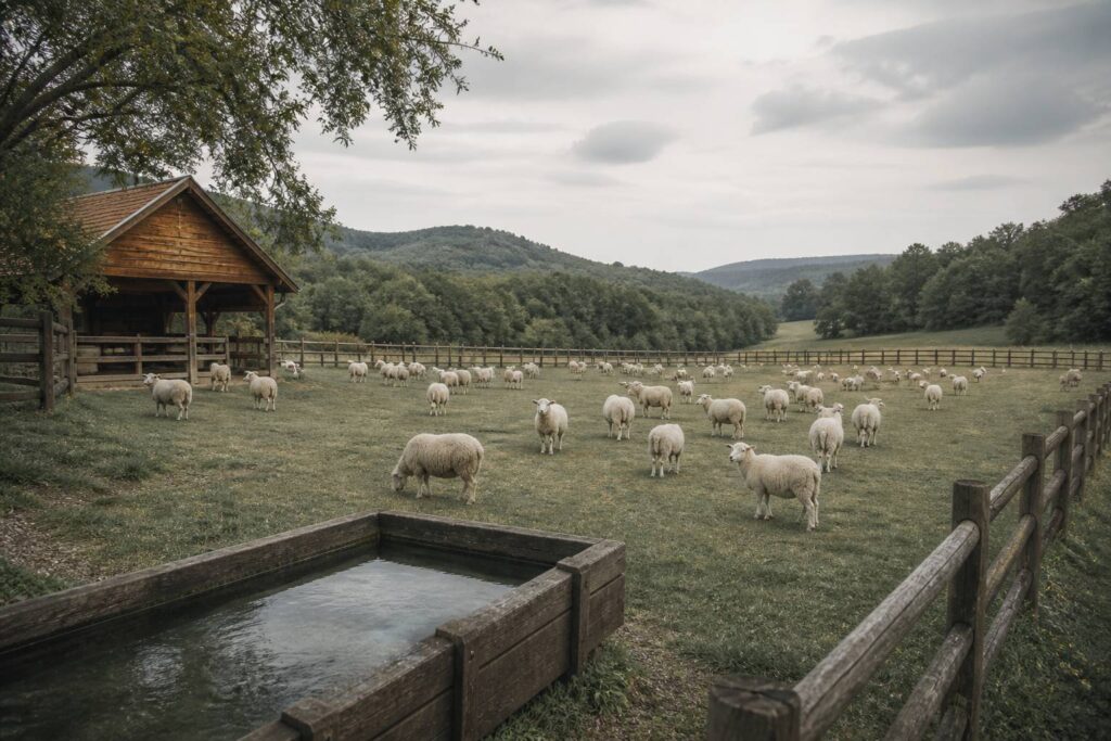 Troupeau de moutons dans une prairie avec abreuvoir et abri en bois