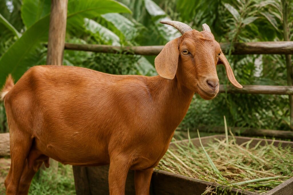 Chèvre créole au pelage brun dans un pâturage tropical verdoyant