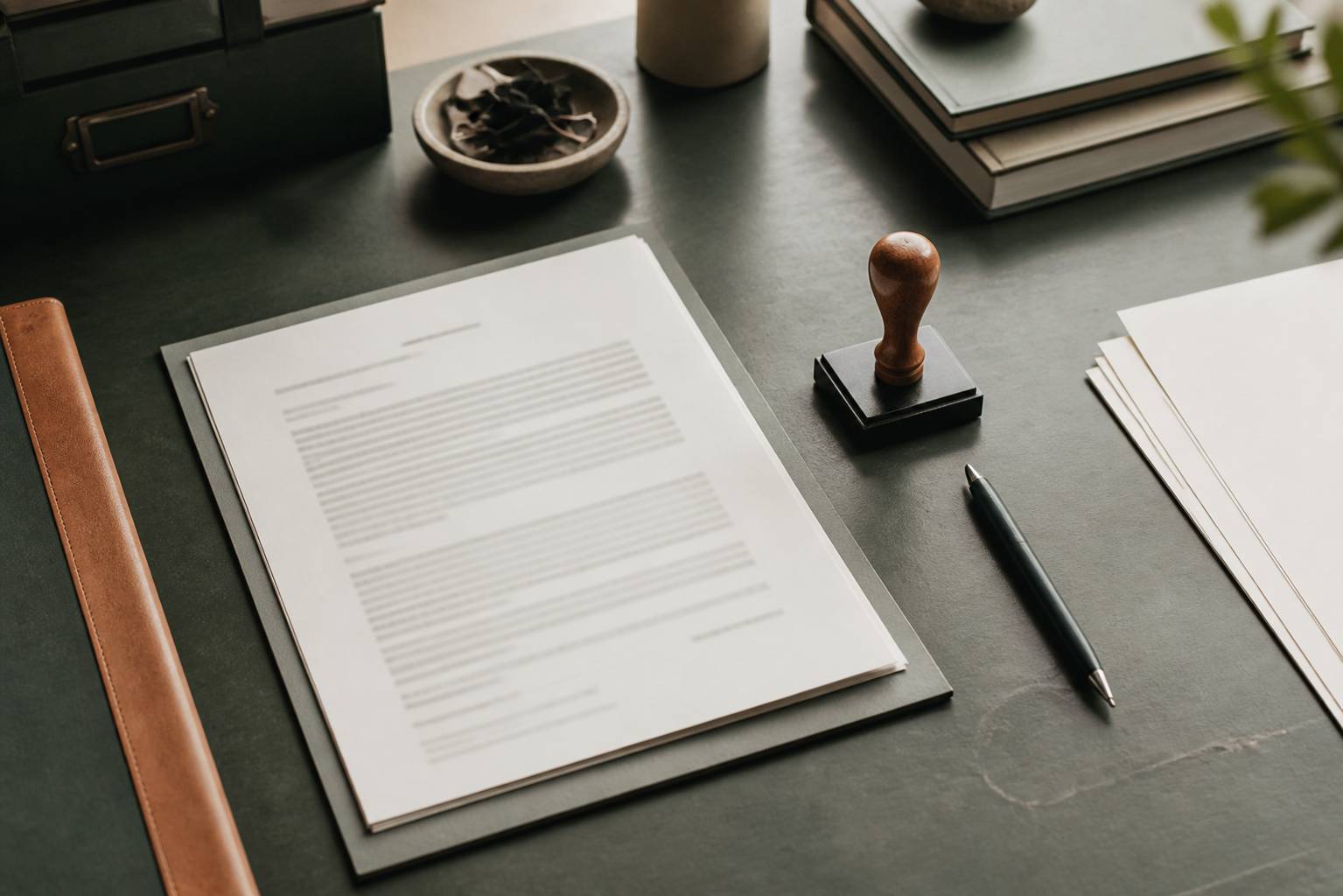 Contrat avec tampon encreur et stylo posés sur un bureau