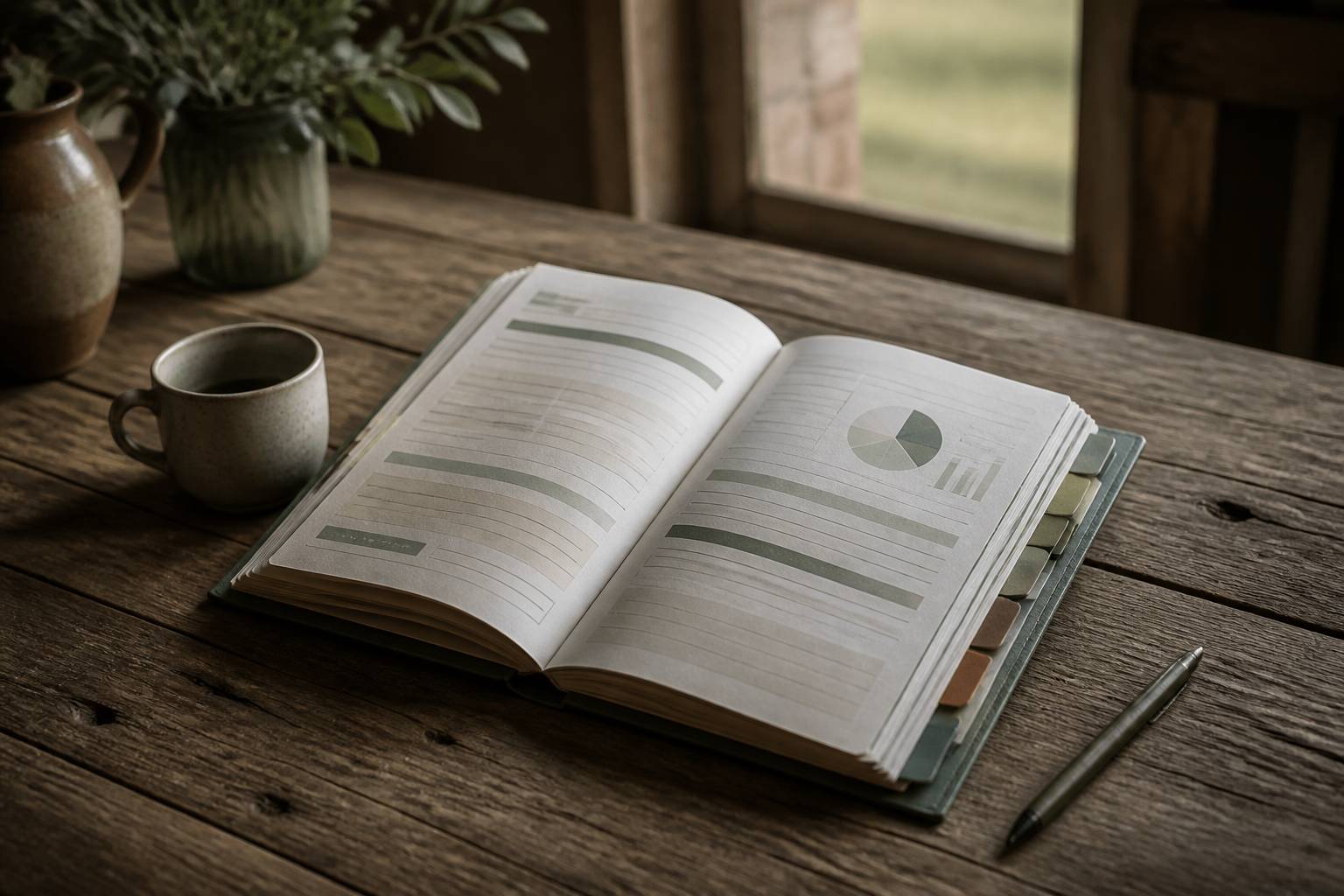 Document relié sans texte lisible et stylo sur une table de ferme