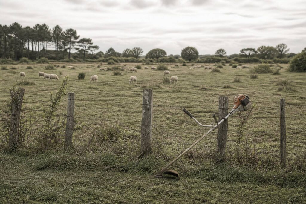 Troupeau de moutons au pâturage avec une débroussailleuse posée près d'une clôture