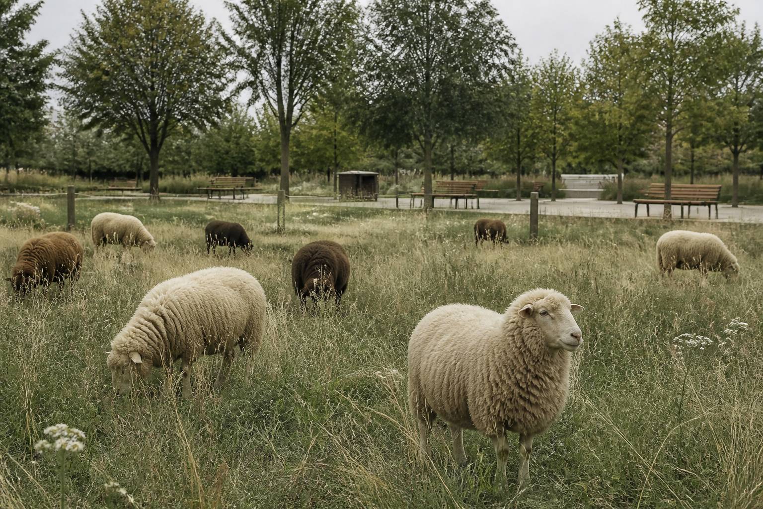 Enclos herbeux avec moutons et clôture légère dans un parc de ville