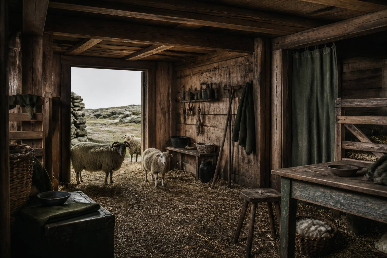 Intérieur d'un abri en bois avec litière de paille et moutons