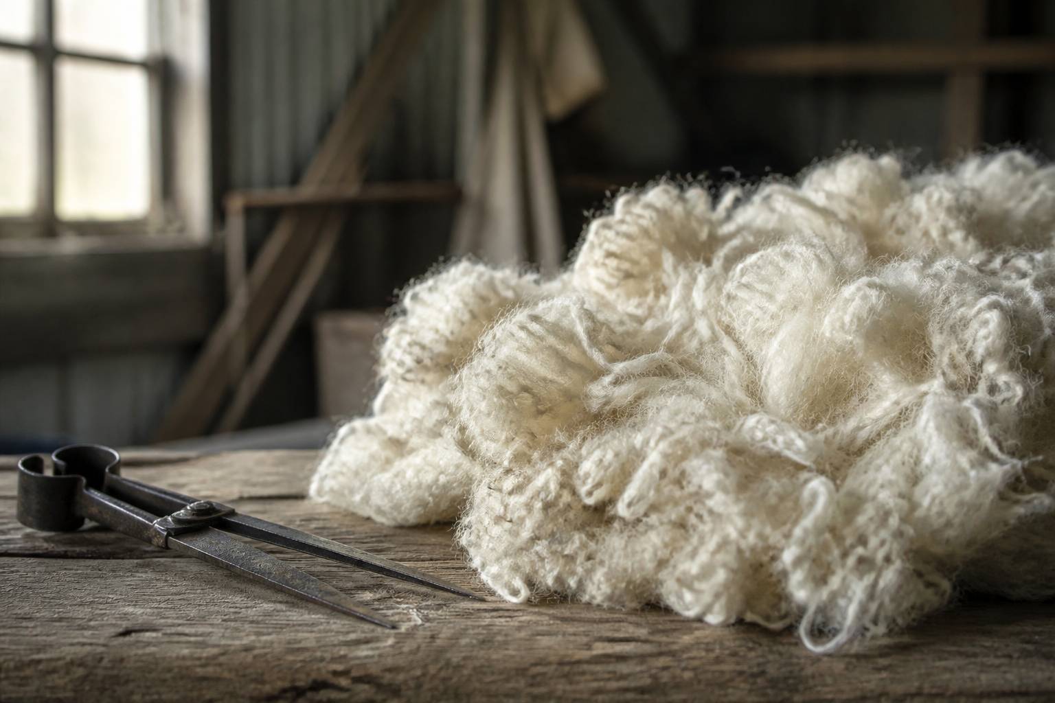 Toison de mohair blanc tondu posee sur une table en bois
