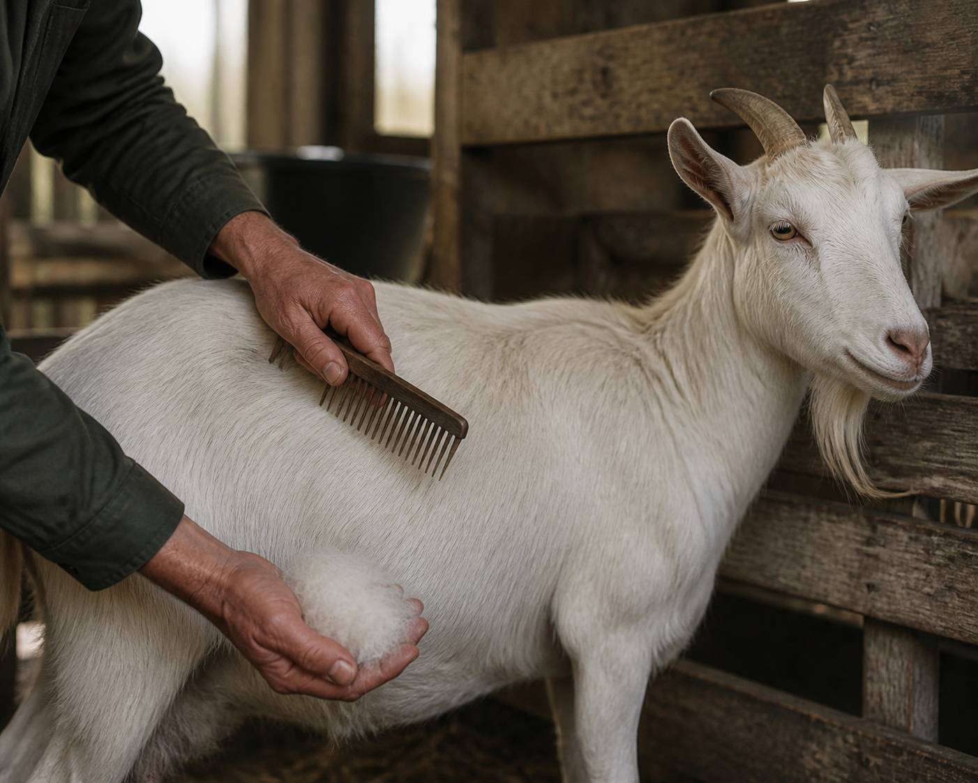 Éleveur peignant le duvet d'une chèvre cachemire pendant la mue