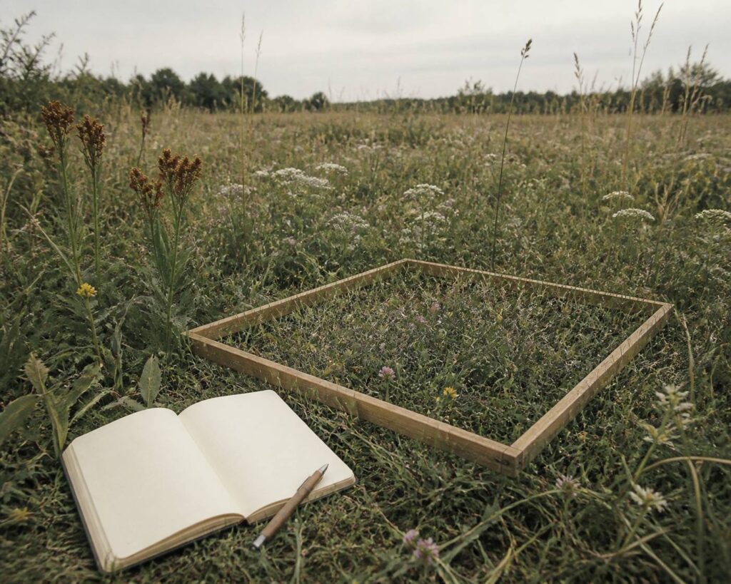 Prairie avec cadre d'échantillonnage et carnet ouvert pour suivi de biodiversité