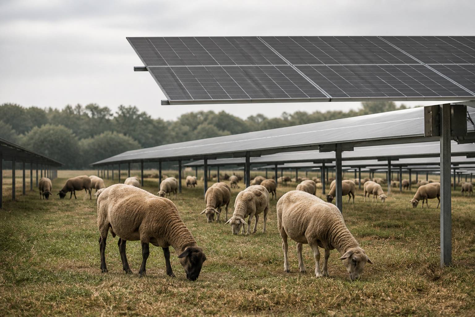 Troupeau de moutons pâturant sous des panneaux solaires sur pilotis