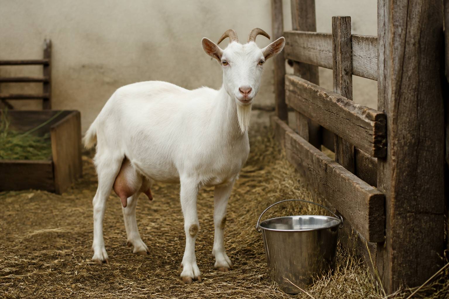 Chèvre blanche debout près d'une barrière en bois avec un seau à traire en inox