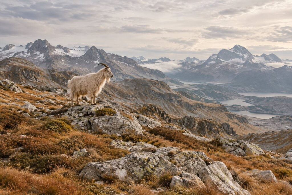 Chevre de montagne a longue toison claire debout sur un alpage rocheux d'altitude