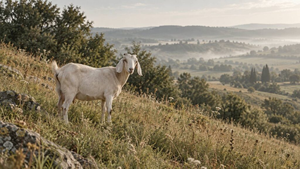 Chevre a robe courte debout dans une prairie en pente herbeuse