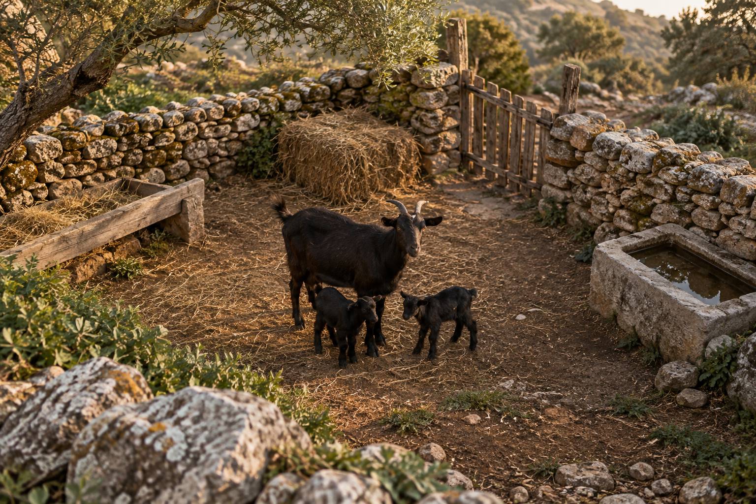 Chevre noire de petit format avec ses chevreaux dans un enclos d'elevage