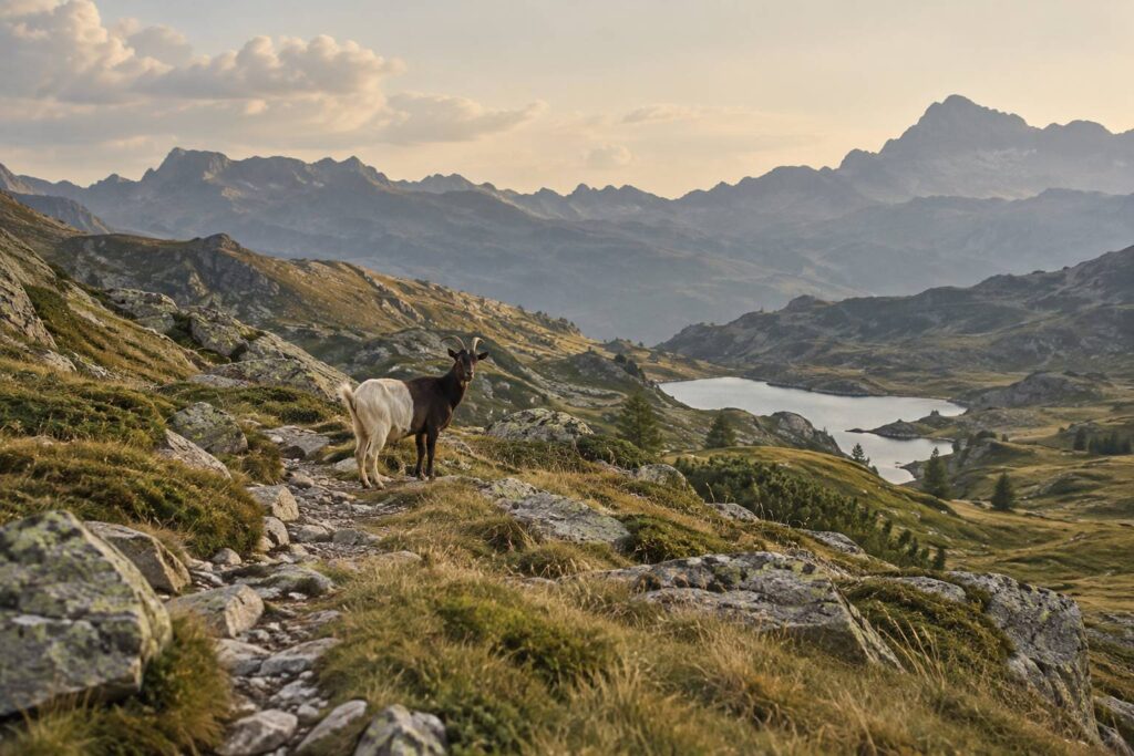 Chèvre bicolore debout sur un sentier pierreux d'alpage en été