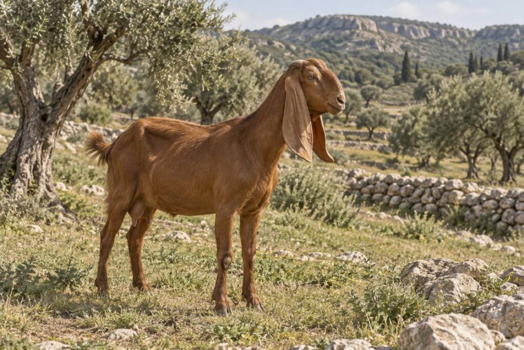 Chèvre de Damas aux longues oreilles dans un pré méditerranéen