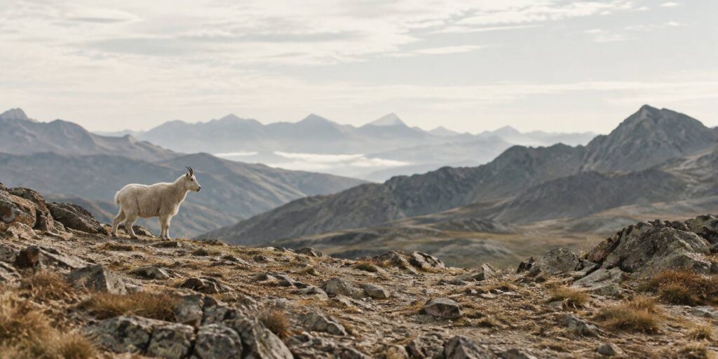 Petite chevre claire et laineuse sur un plateau de haute montagne