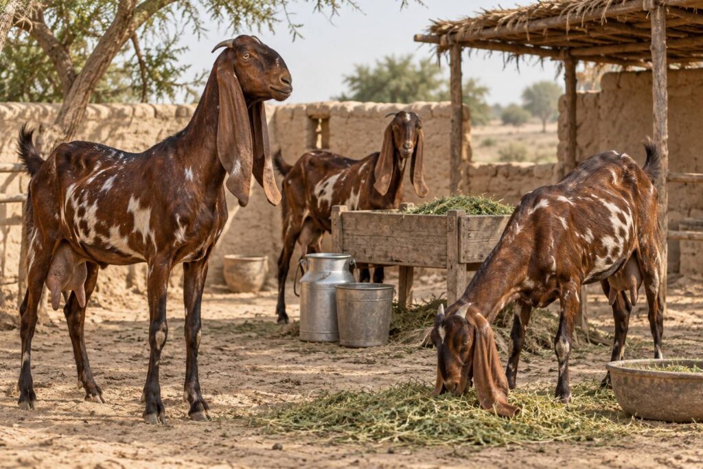 Illustration éditoriale du sujet : Chèvre Kamori : origine pakistanaise, robe et lait