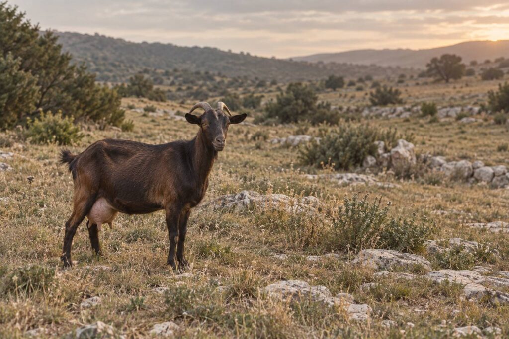 Chevre laitiere a robe sombre debout dans un pre sec au couchant