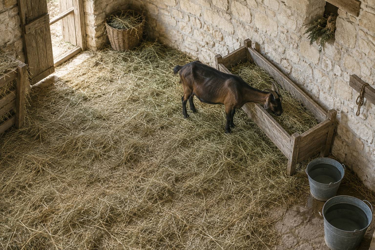Chevre pres d'une auge dans une bergerie en pierre claire