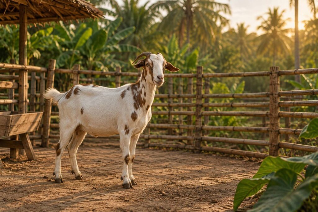 Chevre blanche tachetee dans un enclos rural sous un climat tropical humide