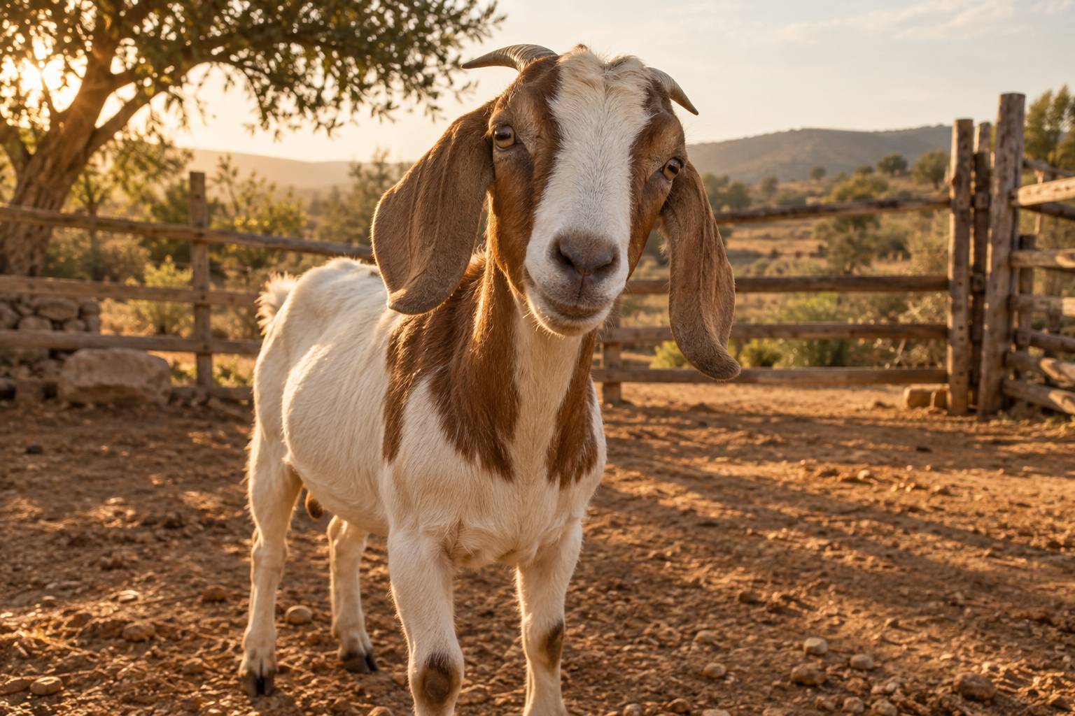 Vue rapprochee d'une chevre blanche et brune a oreilles tombantes dans un enclos
