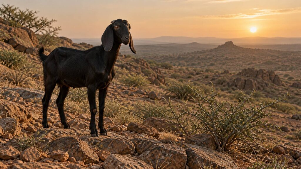 Chèvre noire à longues oreilles dans un paysage aride du Rajasthan