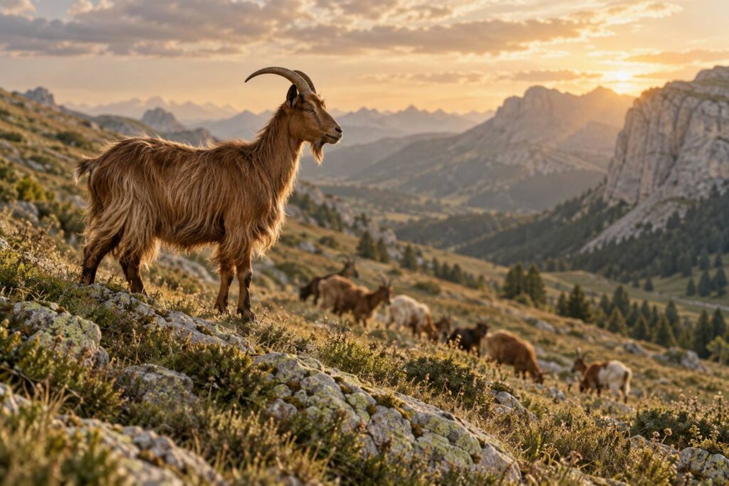 Chevre de montagne brune sur un alpage avec reliefs calcaires