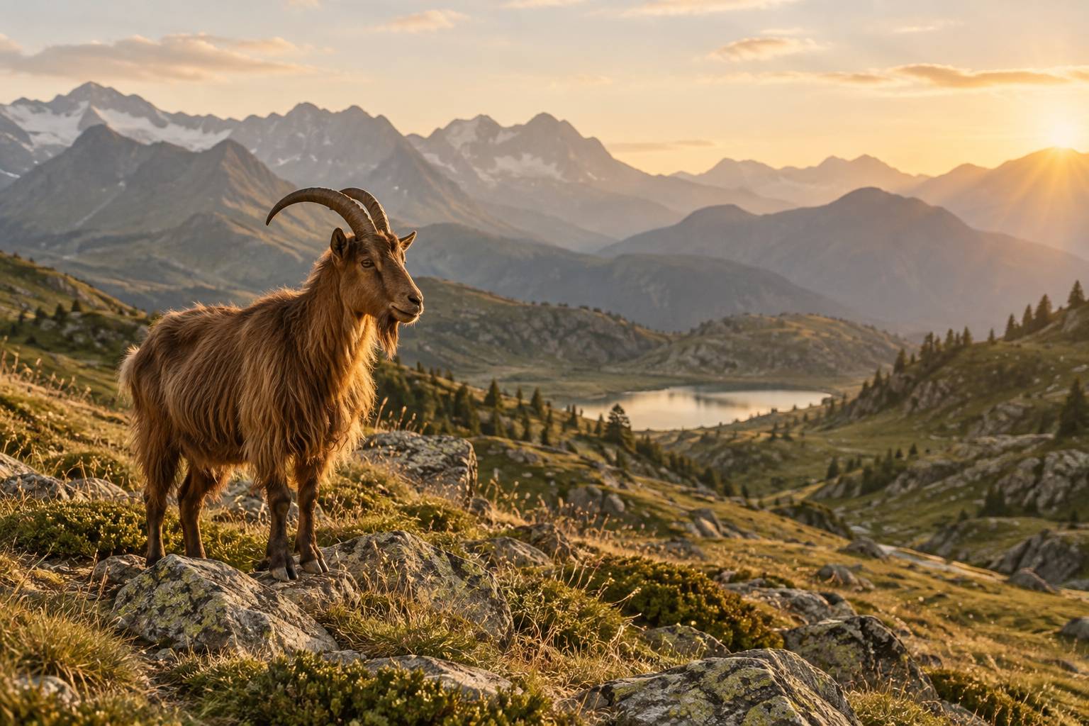 Chevre de montagne brune aux poils longs sur une pente herbeuse