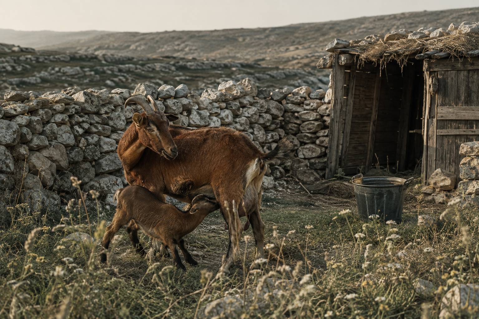 Chèvre et son chevreau dans un pâturage sec près d'un muret de pierres sèches