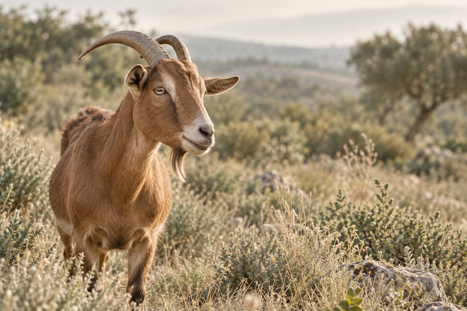 Chevre brune aux cornes arquees vue de trois quarts