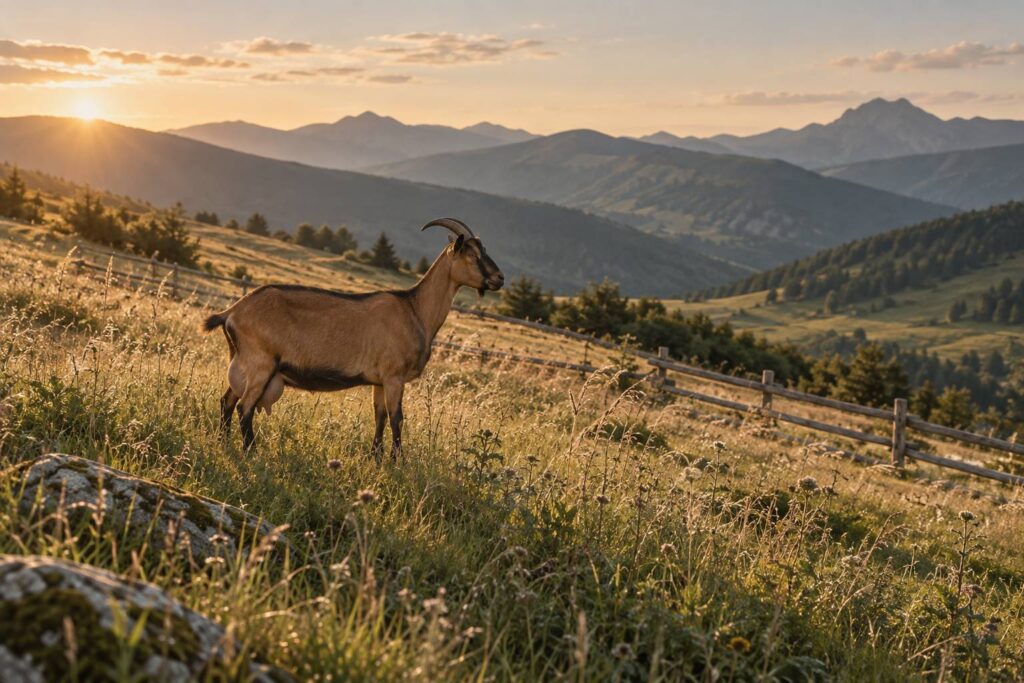 Chevre laitiere a robe brun-roux chamoisee dans une prairie de montagne