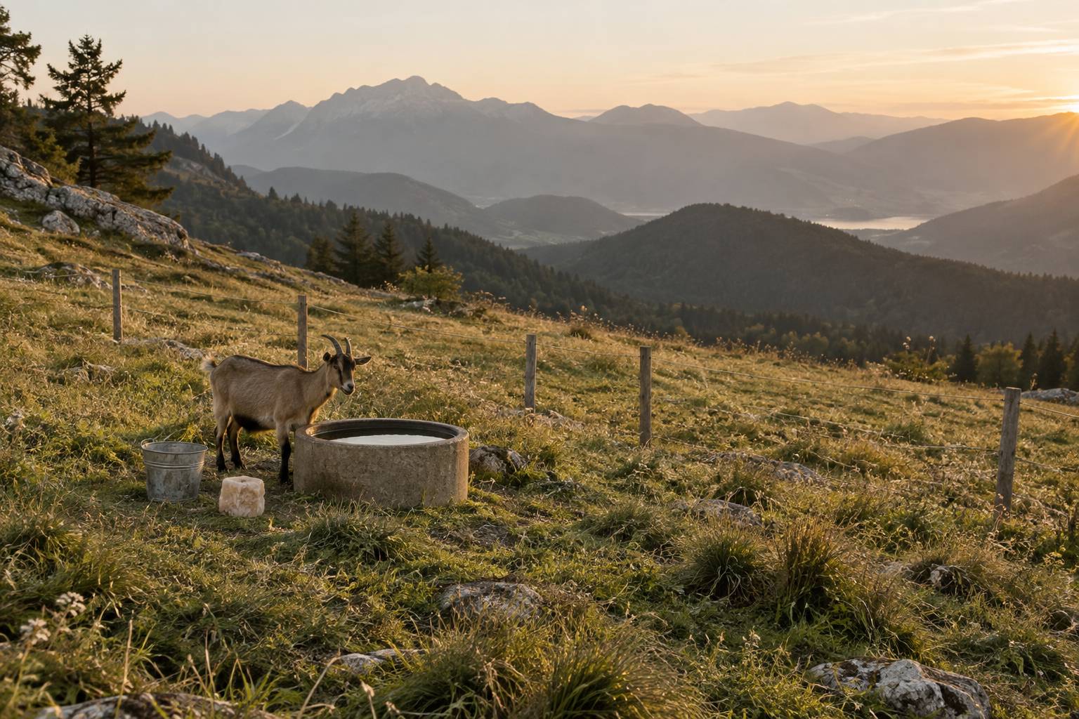 Chevre chamoisee pres d'un abreuvoir dans un pre cloture