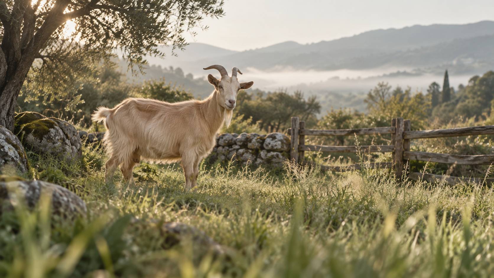 Chèvre à robe blonde dans un enclos avec herbe haute au premier plan