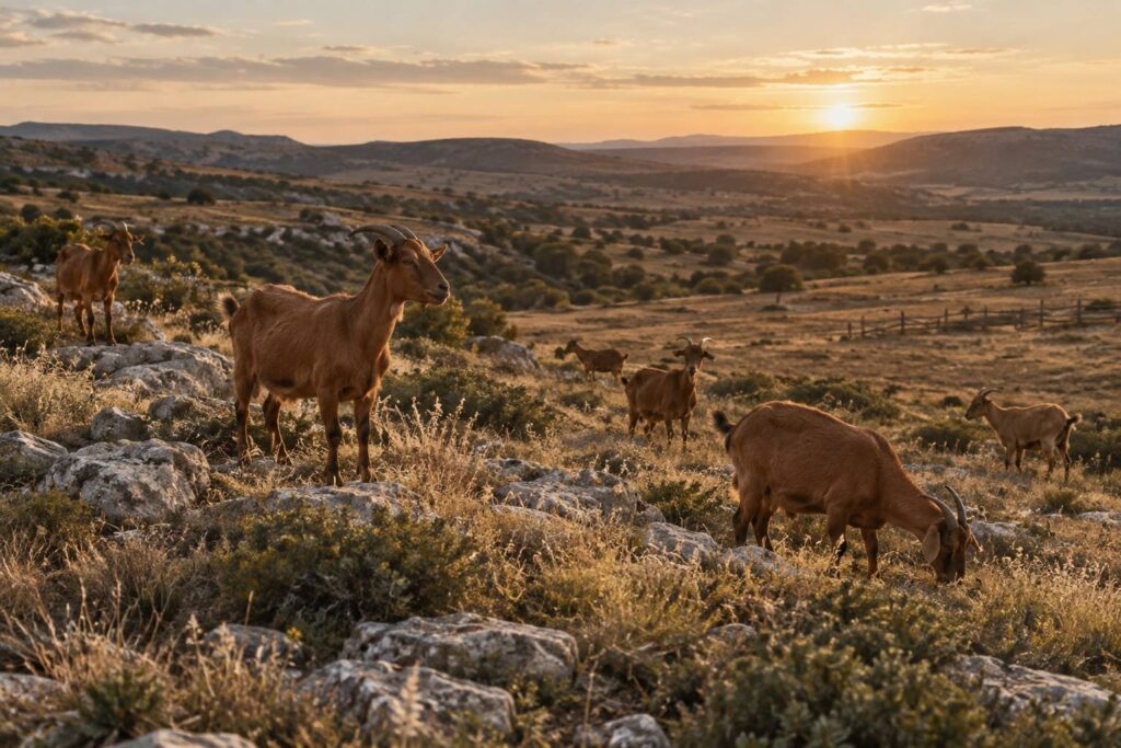 Chevres a robe rousse dans un pre sec en lumiere rasante