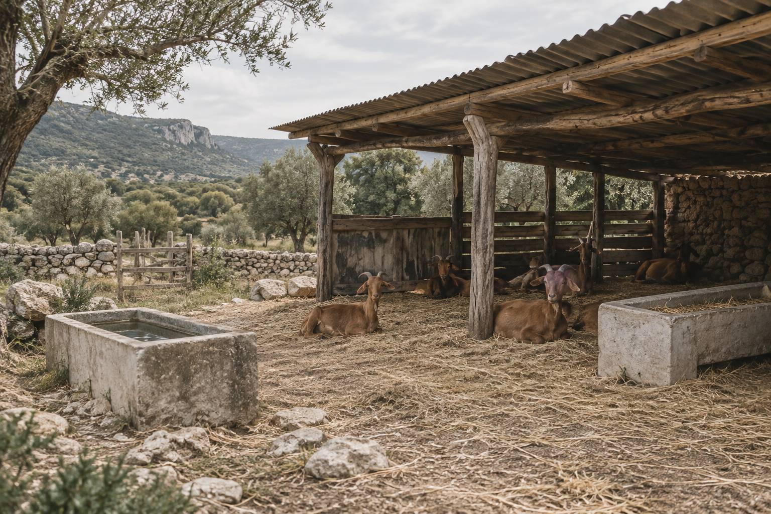 Abri d'elevage extensif avec auges et chevres au repos