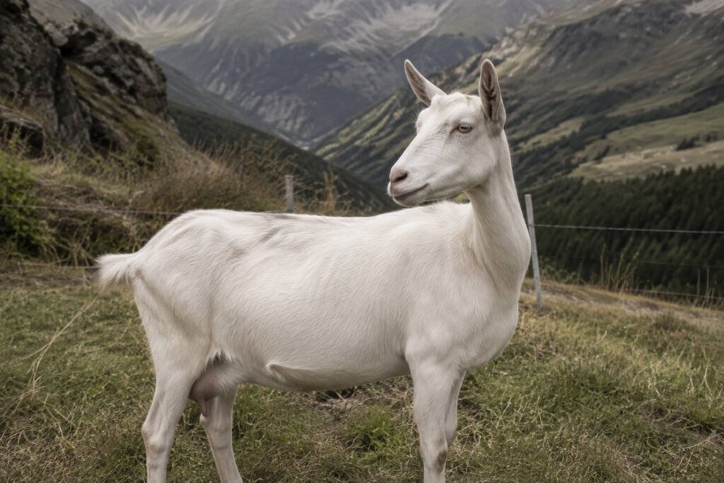 Chèvre Saanen blanche dans un pré de montagne avec vallée en arrière-plan
