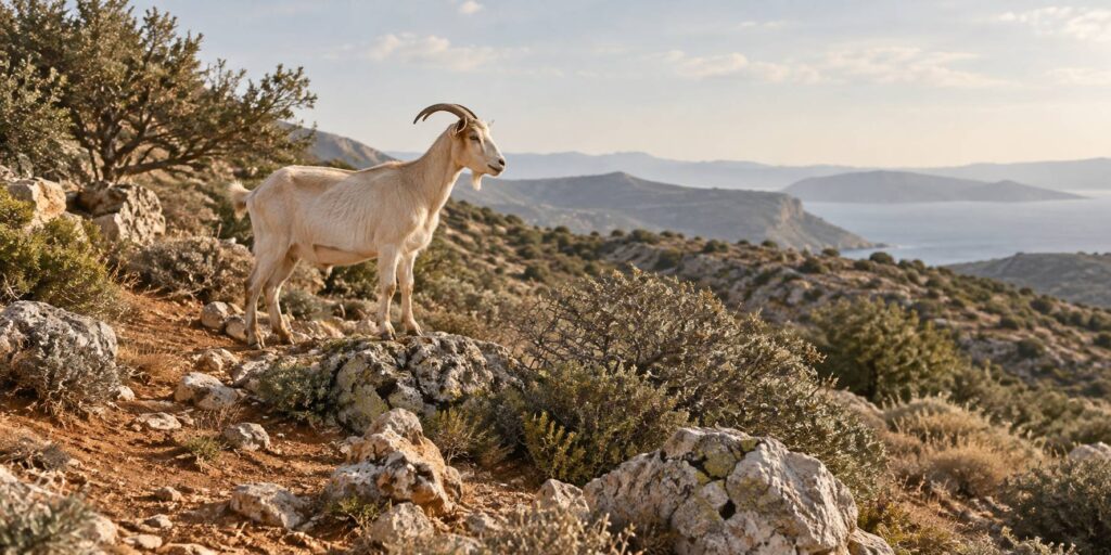 Chevre rustique a robe claire debout sur un parcours sec et caillouteux
