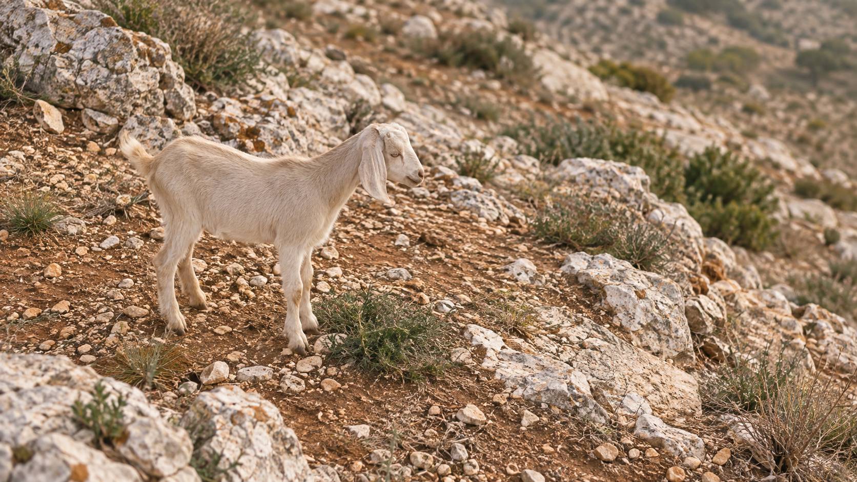 Petite chevre a robe claire de profil sur un sol pierreux