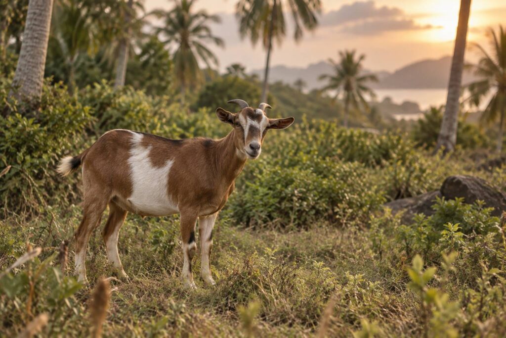 Chèvre brune et blanche dans une prairie tropicale entourée de buissons verts