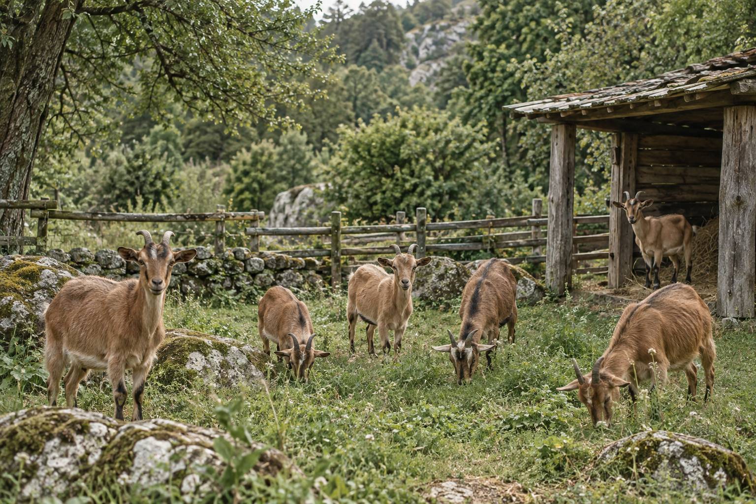 Chèvre brune et blanche dans une prairie tropicale entourée de buissons verts