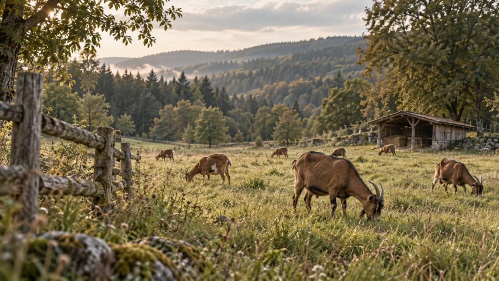 Chèvres brunes en pâture dans une prairie en lisière de forêt