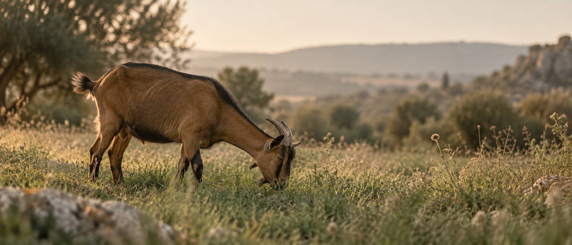 Chèvre brune à robe foncée vue de profil dans l'herbe