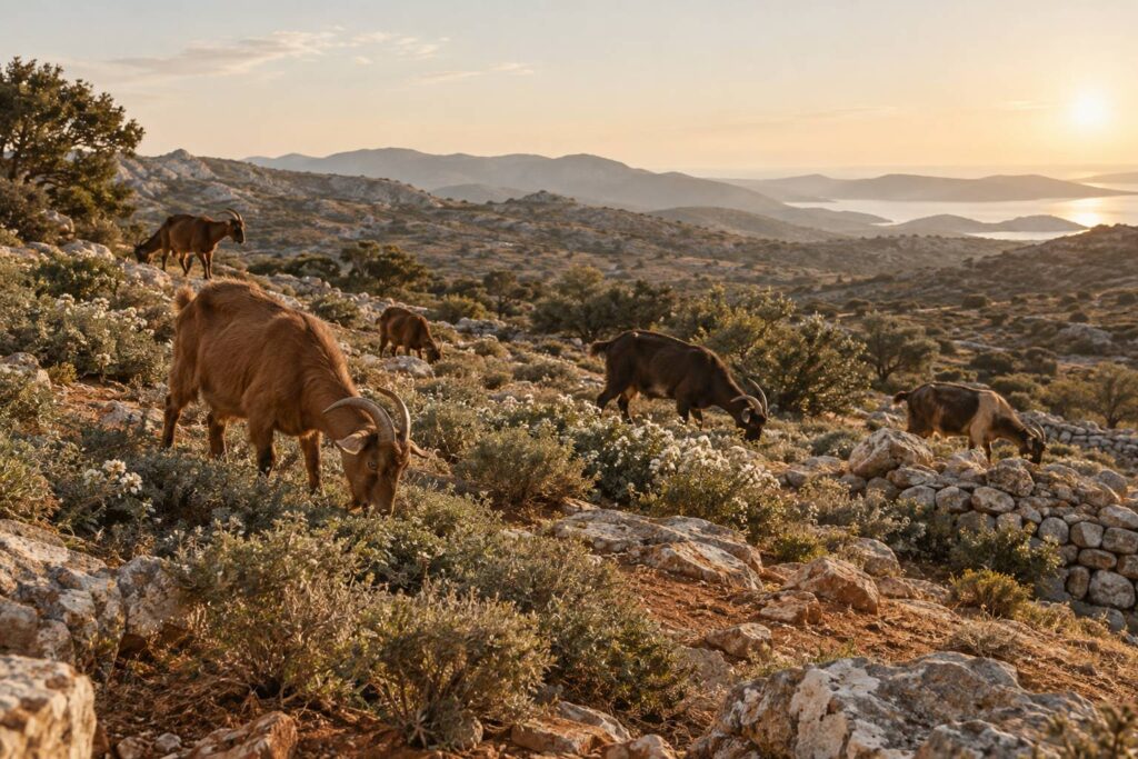 Troupeau de chevres rousses aux cornes torsadees dans un paysage sec de collines