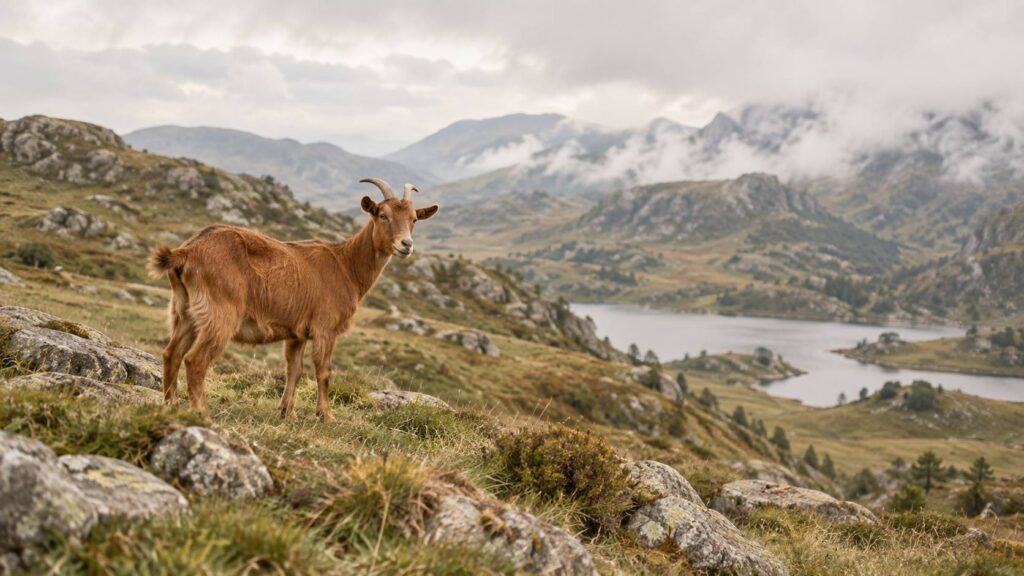 Chevre a robe rousse debout dans un paturage de montagne herbeux