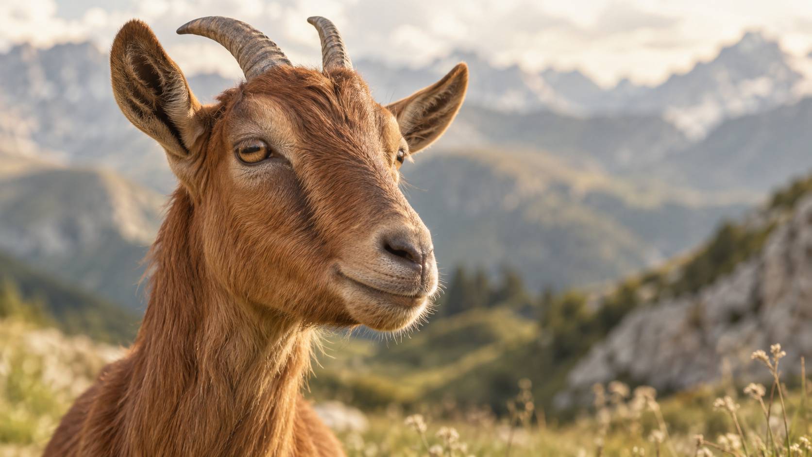Tete de chevre a robe fauve rougeatre aux oreilles dressees sur fond de prairie